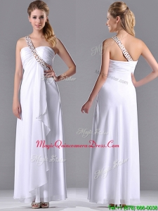 Fashionable Empire One Shoulder Chiffon Side Zipper White Dama Dress with Beading