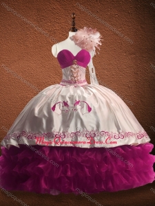 Customized Fuchsia and White Fast Delivery Quinceanera Dress with Ruffled Layers and Pattern