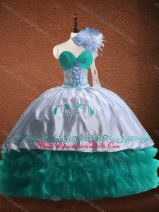 Elegant Embroidered and Patterned Organza and Taffeta Fast Delivery Quinceanera Dress in Turquoise and White