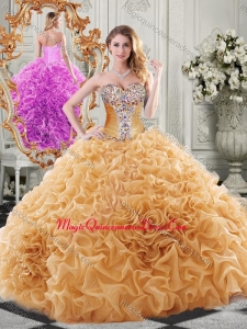 Exclusive Organza Champagne Sweet 16 Formal Quinceanera Dress with Beading and Ruffles