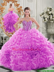 Lovely Puffy Skirt Beaded Bodice and Ruffled Formal Quinceanera Dress in Fuchsia