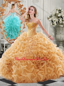 New Arrivals Organza Ruffled Champagne Quinceanera Gown with Colorful Beading