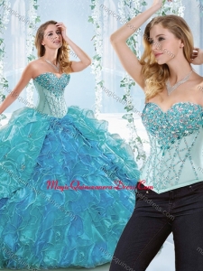 Popular Big Puffy Blue Detachable Sweet 16 Formal Quinceanera Dress with Ruffles and Beading