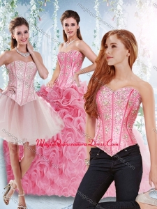 Rolling Flowers Beaded Bodice Detachable Quinceanera Dresses in Rose Pink
