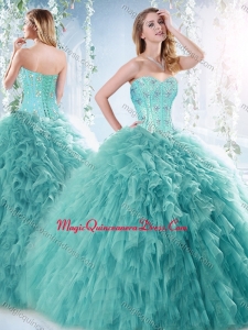 Romantic Beaded and Ruffled Aquamarine Detachable Formal Quinceanera Dress with Brush Train
