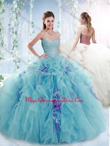 Aquamarine Puffy Skirt Detachable Quinceanera Dresses with Beading and Ruffles