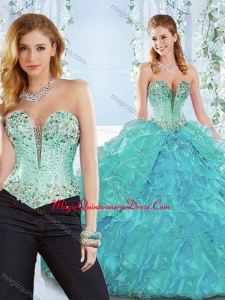 Beaded and Ruffled Organza Detachable Quinceanera Gown with Deep V Neckline