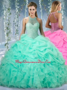 Beautiful Halter Top Beaded and Ruffled Quinceanera Gown in Mint