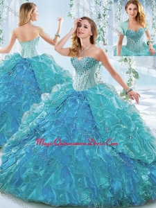 Beautiful Organza Blue Detachable Sweet 15 Quinceanera Dress with Ruffles and Beading