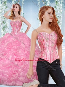 Discount Organza Rose Pink Detachable Sweet 15 Quinceanera Gown with Beading and Bubbles