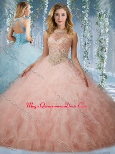 Elegant Beaded Bodice Baby Pink Quinceanera Dress with Halter Top