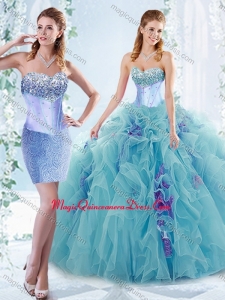 Latest Aquamarine Detachable Sweet 15 Quinceanera Gowns with Beaded Bust and Ruffles