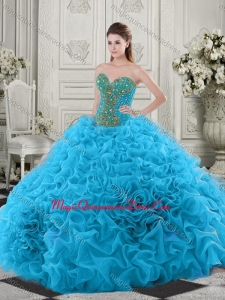 Latest Beaded and Ruffled Baby Blue Quinceanera Dress with Chapel Train