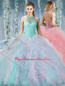 Lovely Beaded Decorated Halter Top Rainbown Sweet 15 Quinceanera Dress in Organza