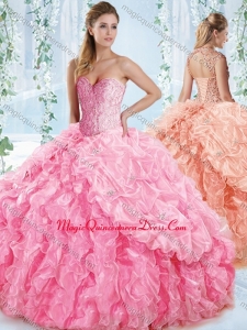 New Style Organza Beaded Rose Pink Quinceanera Dress with Detachable Straps