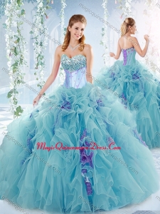 Exquisite Beaded Bust and Ruffled Detachable Quinceanera Skirts in Aqua Blue