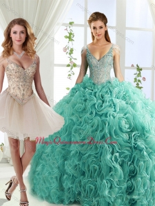 Classic Rolling Flowers Deep V Neck Detachable Sweet 16 Dresses with Cap Sleeves