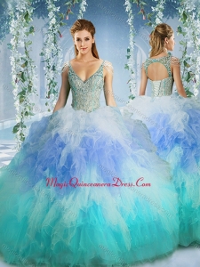 Classic Rainbow Deep V Neck Cap Sleeves Quinceanera Dress with Beading and Ruffles
