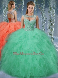 Exquisite Beaded and Ruffled Big Puffy Classic Quinceanera Dress in Turquoise
