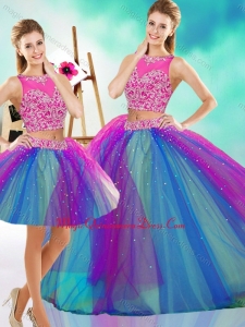 Lovely Beaded Scoop Tulle Classic Quinceanera Gown in Rainbow Colored