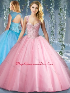Lovely Pink Big Puffy Beaded Classic Quinceanera Dress with Brush Train