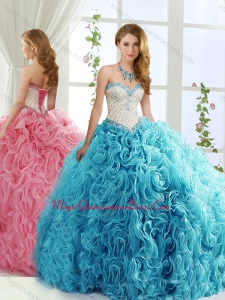 Modest Brush Train Beaded Baby Blue Formal Quinceanera Dress in Rolling Flowers