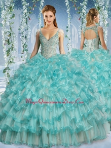 Popular Deep V Neck Big Puffy Classic Quinceanera Dress with Beaded Decorated Cap Sleeves