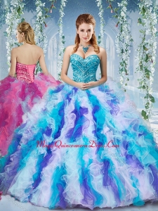 Rainbow Colored Big Puffy Classic Quinceanera Dress with Beading and Ruffles