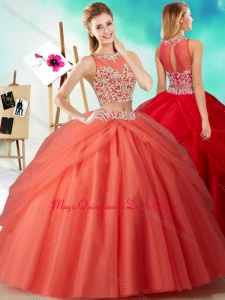Two Piece See Through Beaded Classic Quinceanera Dress in Orange Red