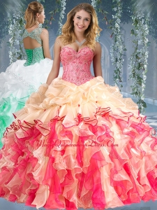 Couture Really Puffy Red and Champagne Beaded and Ruffled Quinceanera Dress