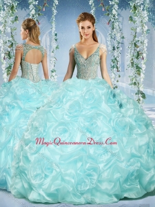 Formal Cap Sleeves Beaded Light Blue Quinceanera Dress with Deep V Neck