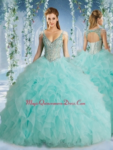 The Super Hot Beaded Decorated Cap Sleeves Quinceanera Dress with Deep V Neck