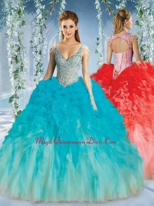 Couture Deep V Neck Big Puffy Quinceanera Dresses with Beaded Decorated Cap Sleeves