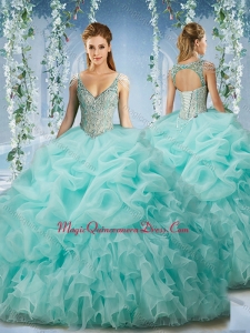 Cute Beaded and Ruffled Aqua Blue Quinceanera Dress with Beaded Decorated Cap Sleeves
