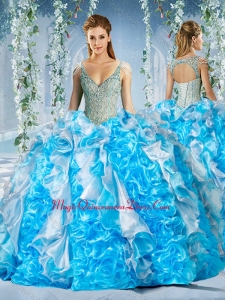 Cute Blue and White Quinceanera Dress in Beaded Decorated Cap Sleeves