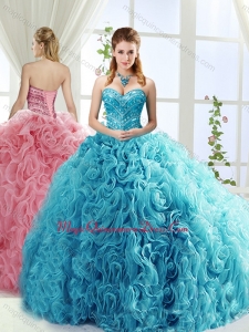 Artistic Rolling Flowers Brush Train Detachable Sweet 15 Quinceanera Gowns with Beading