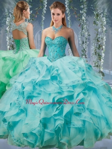 Classical Beaded and Applique Big Puffy Sweet 15 Quinceanera Dress in Aque Blue