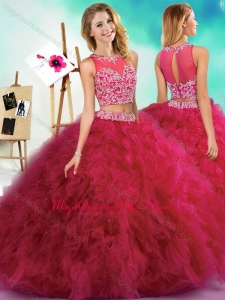 Classical Beaded and Ruffled Fuchsia Sweet 15 Dress with See Through