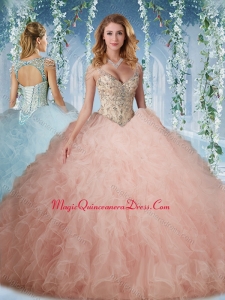 Exclusive Deep V Neck Peach Sweet 15 Quinceanera Dress With Beading and Ruffles