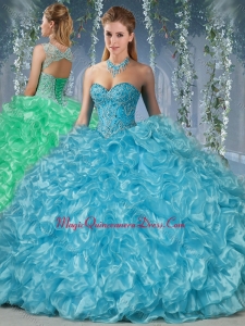 Gorgeous Beaded and Ruffled Big Puffy Sweet 15 Quinceanera Dress in Aque Blue