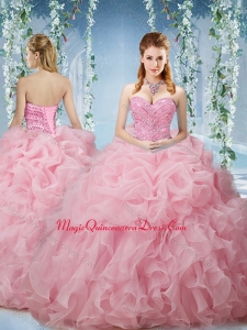 Lovely Baby Pink Brush Train Sweet 15 Quinceanera Dresses Beaded and Ruffled