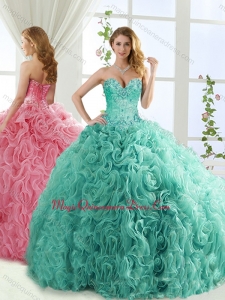 Popular Rolling Flower Mint Detachable Quinceanera Skirts with Brush Train