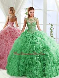 See Through Beaded Scoop Detachable Quinceanera Skirts with Rolling Flower