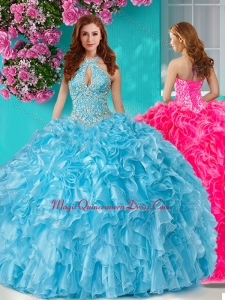 Pretty Beaded and Ruffled Big Puffy Quinceanera Dress with Halter Top