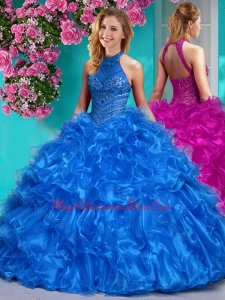Beautiful Halter Top Beaded and Ruffled Sweet 15 Quinceanera Dress in Royal Blue