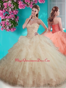 Gorgeous Beaded and Ruffled Big Puffy Sweet 15 Quinceanera Dress in Champagne