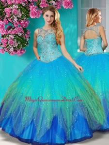 Gorgeous See Through Beaded Scoop Sweet 15 Quinceanera Dress in Multi Color