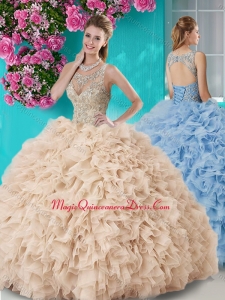 Gorgeous See Through Beaded Scoop Sweet 15 Quinceanera Dresses in Champagne