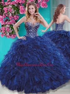 Luxurious Brush Train Blue Sweet 15 Quinceanera Dress with Beading and Ruffles