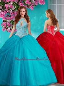 Modest Halter Top Brush Train Sweet 15 Quinceanera Dress with Beading and Appliques